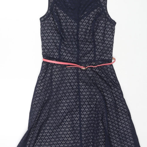 Oasis Womens Blue Geometric Cotton A-Line Size 8 Round Neck Pullover - Belted