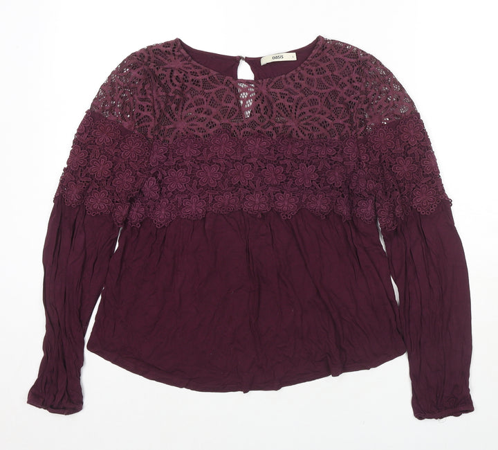 Oasis Womens Purple Viscose Basic Button-Up Size S Round Neck - Lace Detail