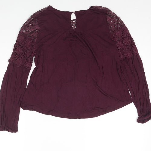 Oasis Womens Purple Viscose Basic Button-Up Size S Round Neck - Lace Detail