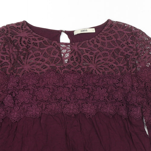 Oasis Womens Purple Viscose Basic Button-Up Size S Round Neck - Lace Detail