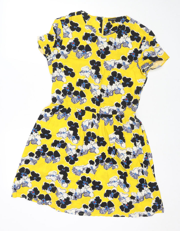 River Island Womens Yellow Floral Viscose Trapeze & Swing Size 10 Round Neck Zip