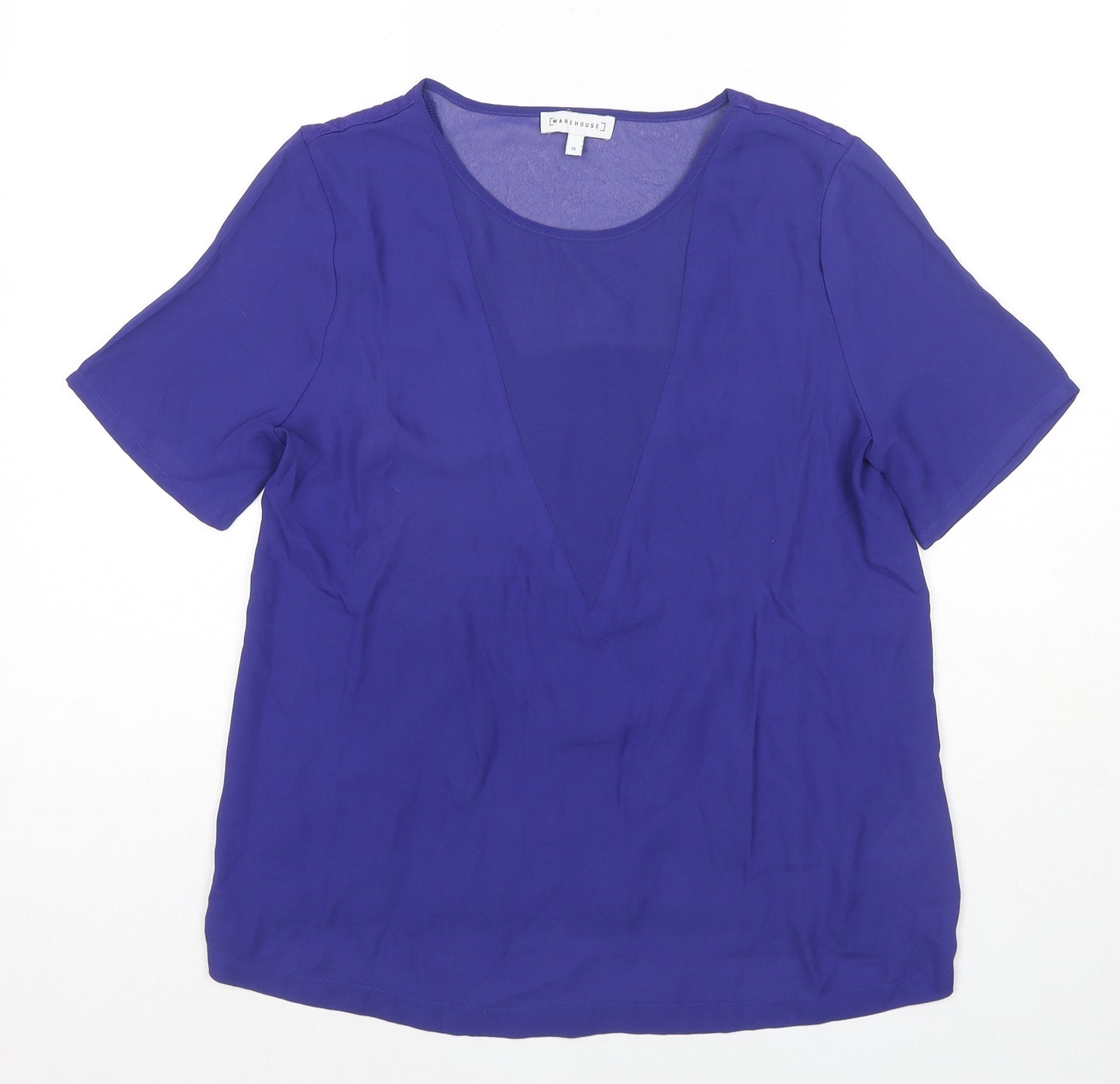 Warehouse Womens Blue Polyester Basic Blouse Size 12 Round Neck