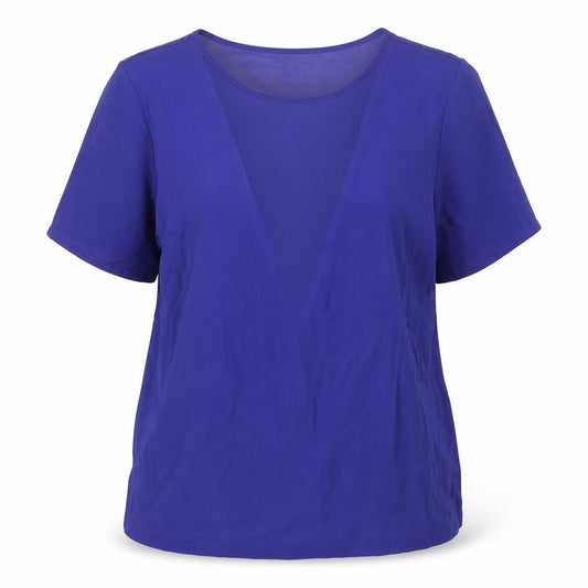 Front view of Warehouse women’s blue polyester basic blouse, size UK 12, round neck