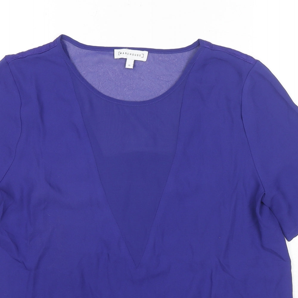 Warehouse Womens Blue Polyester Basic Blouse Size 12 Round Neck