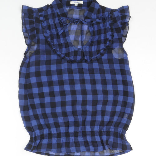 ValleyGirl Womens Blue Check Polyester Basic Blouse Size 6 V-Neck