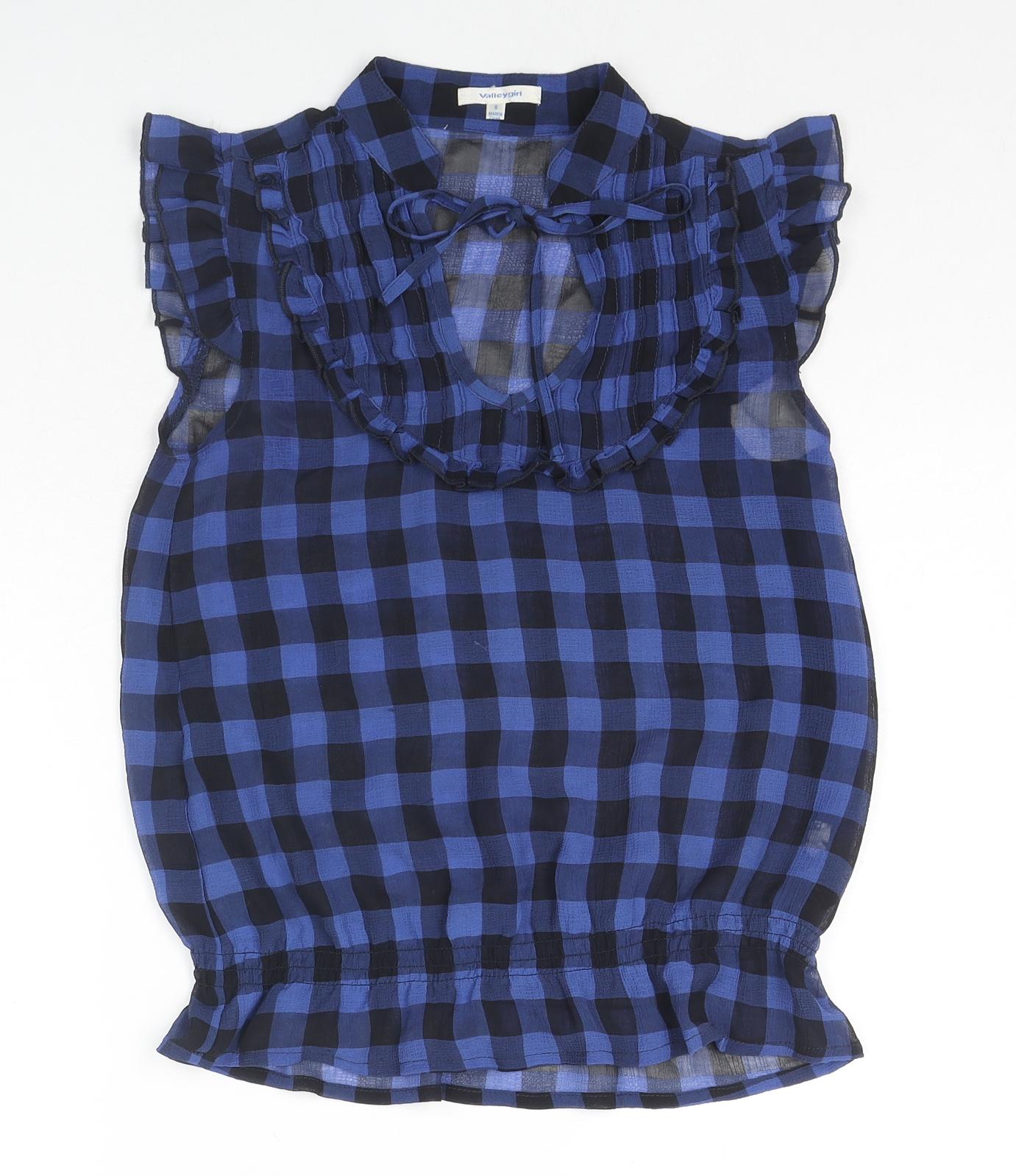ValleyGirl Womens Blue Check Polyester Basic Blouse Size 6 V-Neck