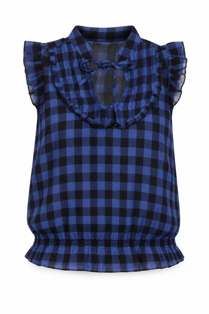 Front view of ValleyGirl women’s blue check polyester basic blouse, size UK 6, v-neck