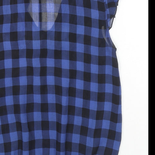 ValleyGirl Womens Blue Check Polyester Basic Blouse Size 6 V-Neck