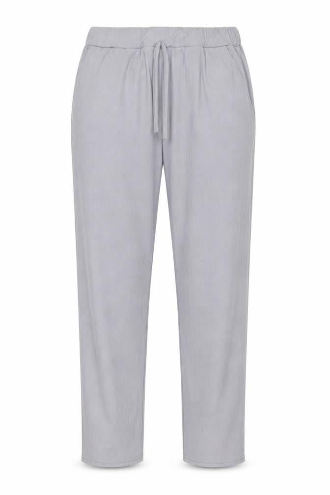 Front view of Misspap women’s grey polyester trousers, size M, 25-inch leg regular drawstring