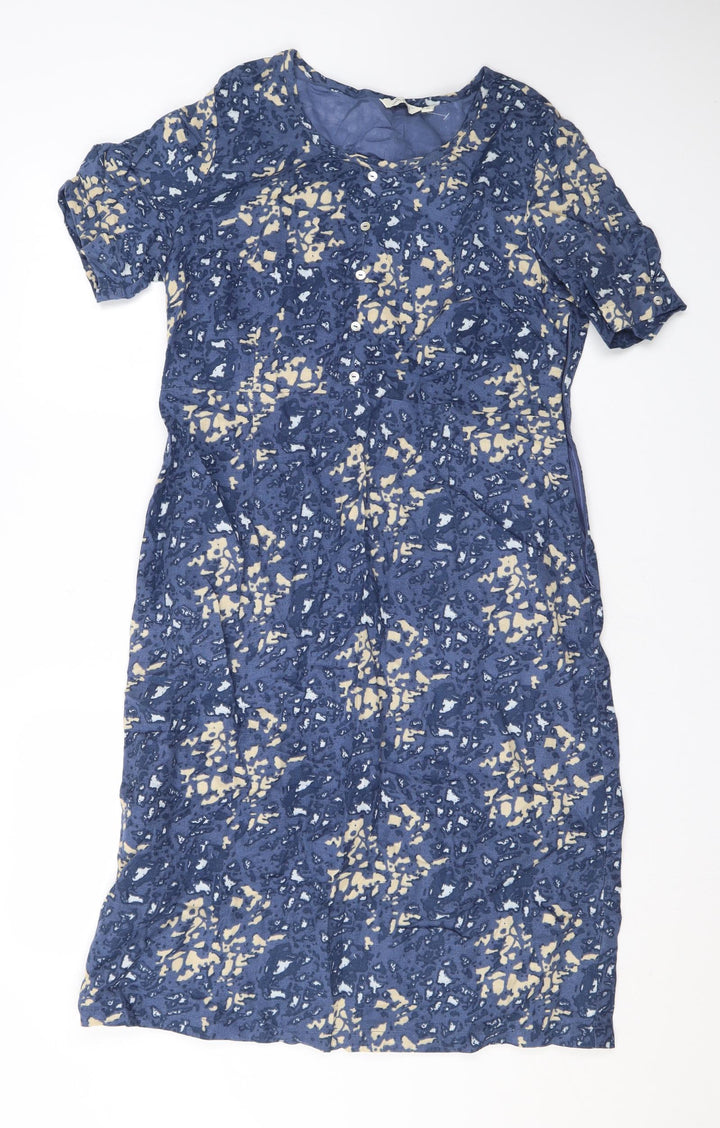 Adini Womens Blue Geometric Linen T-Shirt Dress Size M Round Neck Pullover