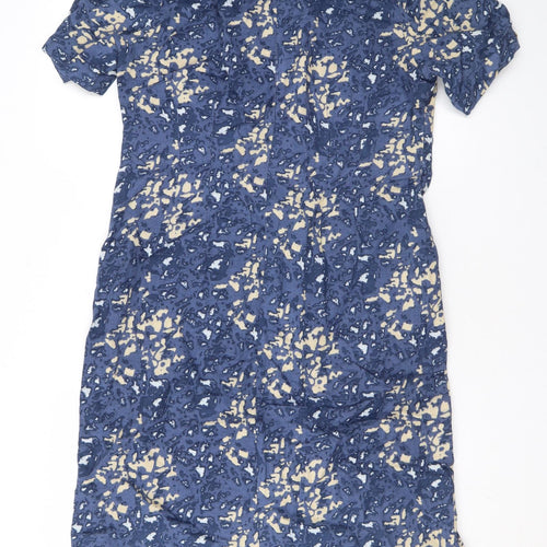 Adini Womens Blue Geometric Linen T-Shirt Dress Size M Round Neck Pullover