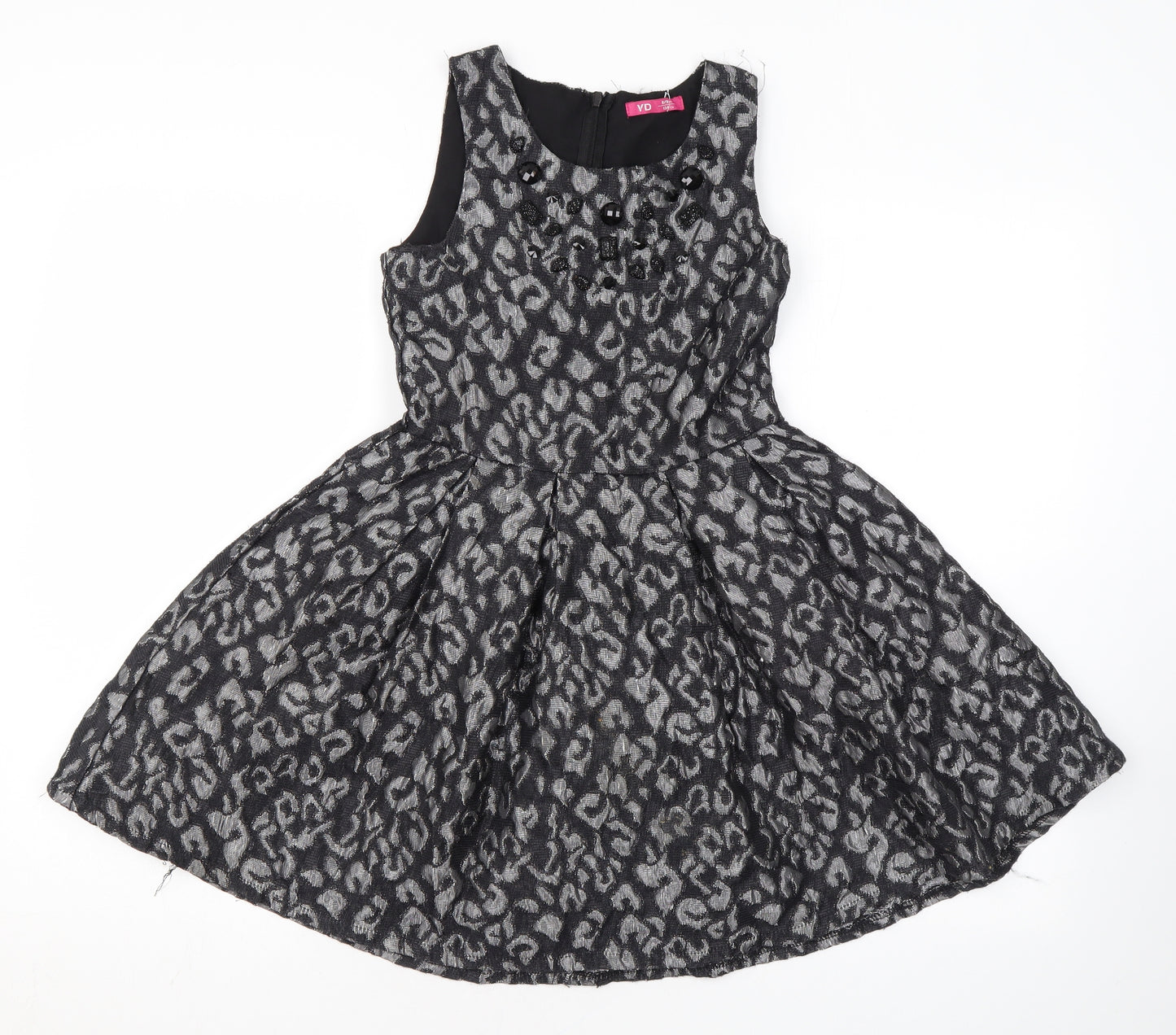 YD Girls Black Animal Print Polyester Skater Dress Size 8-9 Years Round Neck Zip - Leopard Print