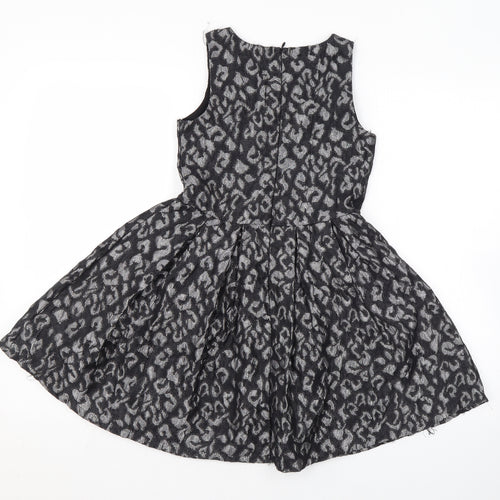 YD Girls Black Animal Print Polyester Skater Dress Size 8-9 Years Round Neck Zip - Leopard Print