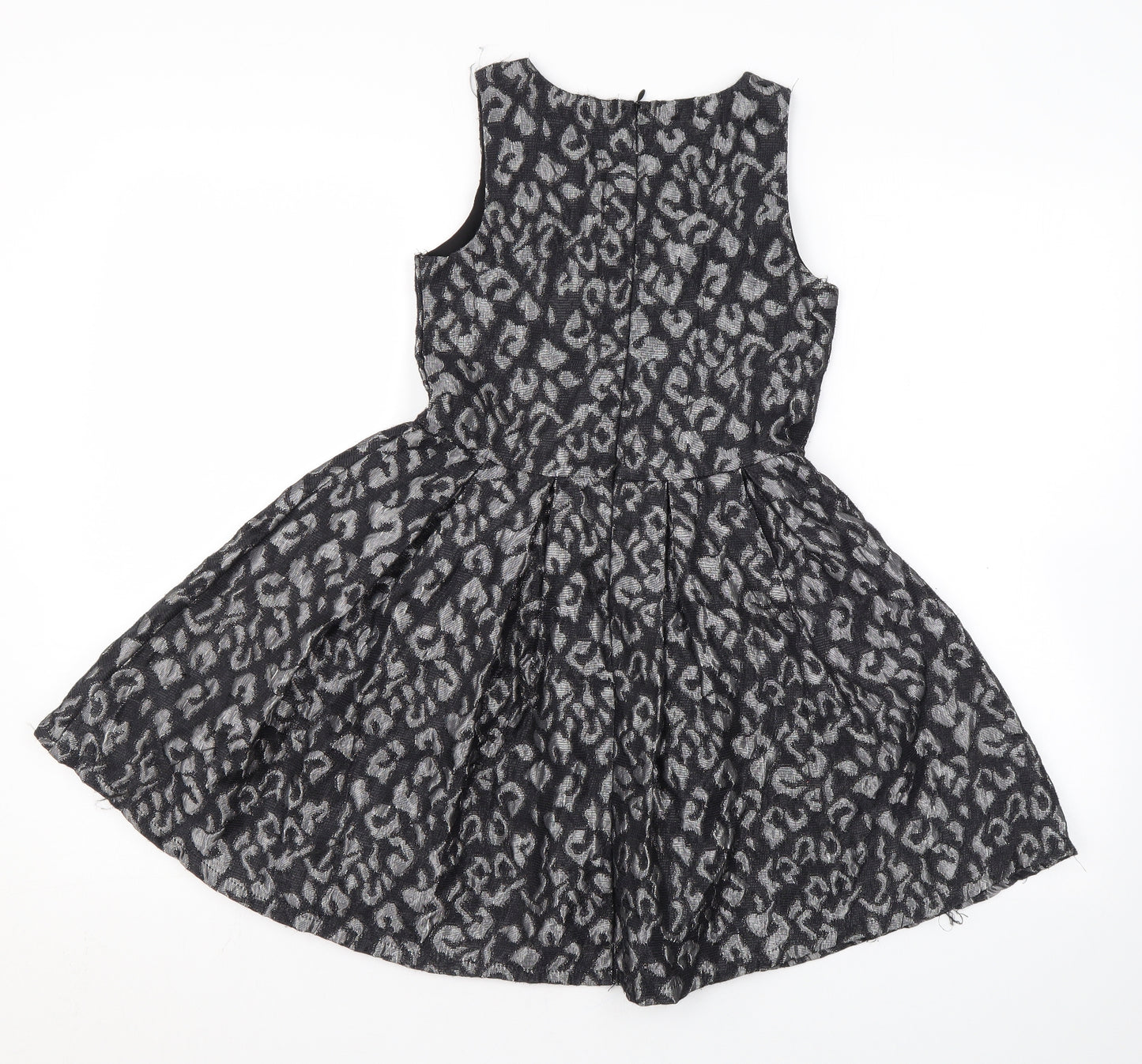YD Girls Black Animal Print Polyester Skater Dress Size 8-9 Years Round Neck Zip - Leopard Print