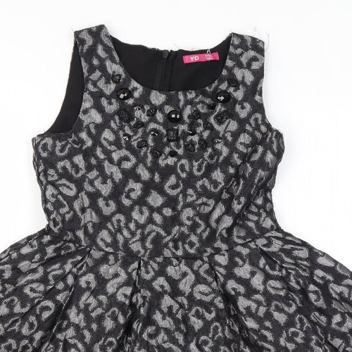 YD Girls Black Animal Print Polyester Skater Dress Size 8-9 Years Round Neck Zip - Leopard Print