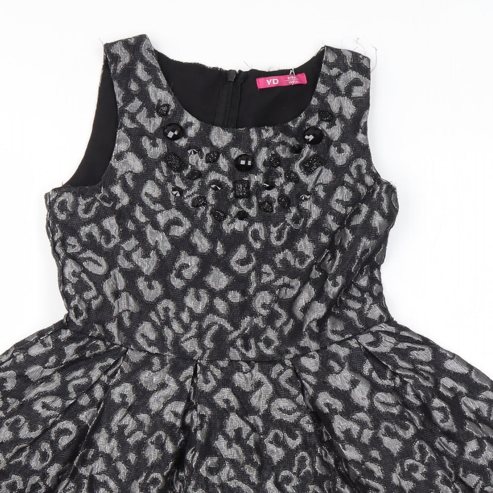 YD Girls Black Animal Print Polyester Skater Dress Size 8-9 Years Round Neck Zip - Leopard Print