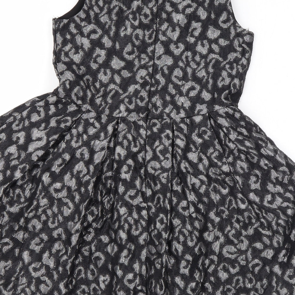 YD Girls Black Animal Print Polyester Skater Dress Size 8-9 Years Round Neck Zip - Leopard Print