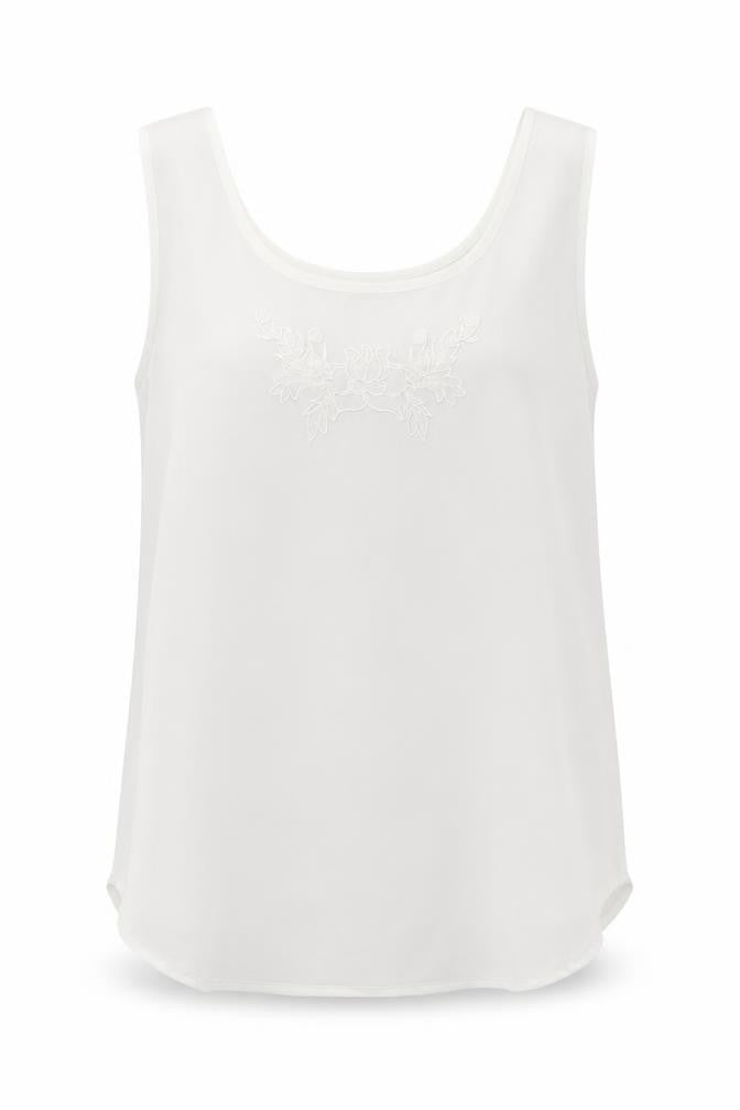 Front view of Heather Valley women’s white polyester basic tank, size UK 12, scoop neck - embroidery