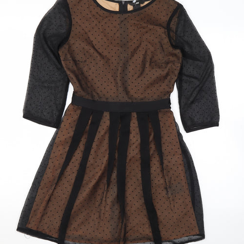 H&M Womens Black Polka Dot Polyester Skater Dress Size 4 Round Neck Zip