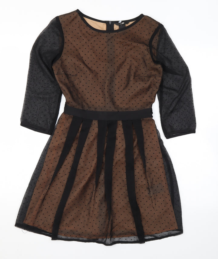 H&M Womens Black Polka Dot Polyester Skater Dress Size 4 Round Neck Zip