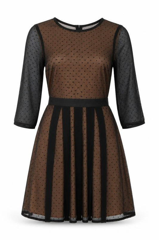 Front view of H&M women’s black polka dot polyester skater dress, size UK 4, round neck zip