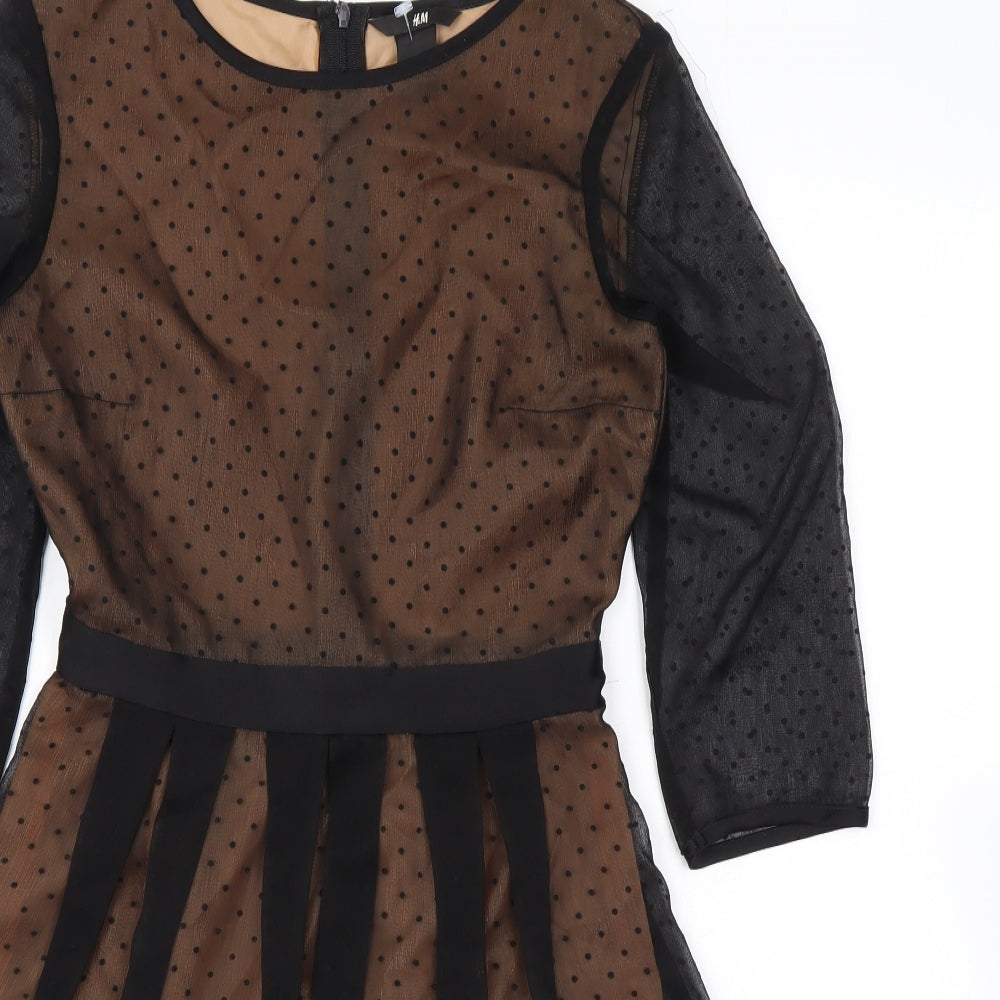 H&M Womens Black Polka Dot Polyester Skater Dress Size 4 Round Neck Zip