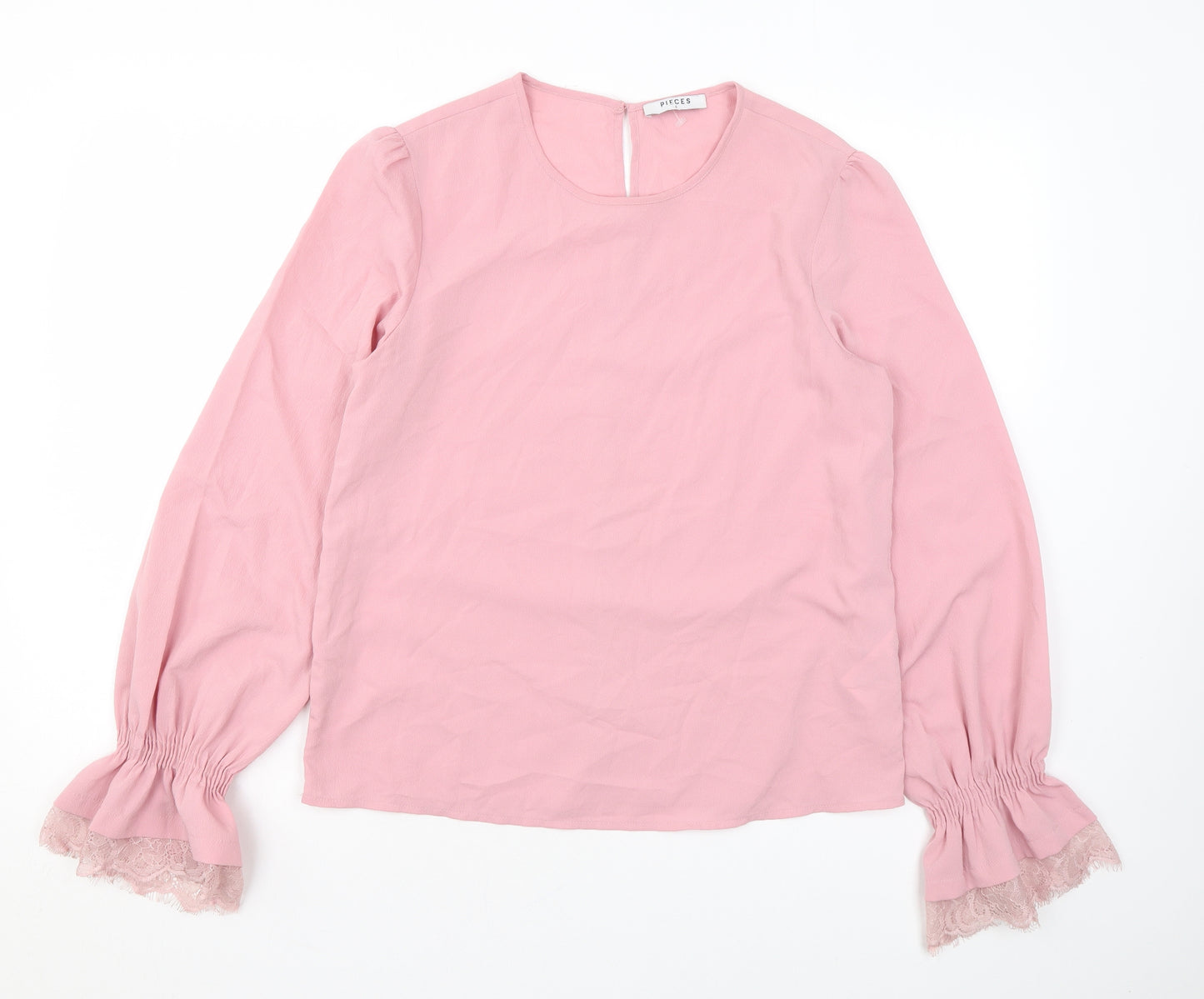 Pieces Womens Pink Polyester Basic Blouse Size S Round Neck - Lace