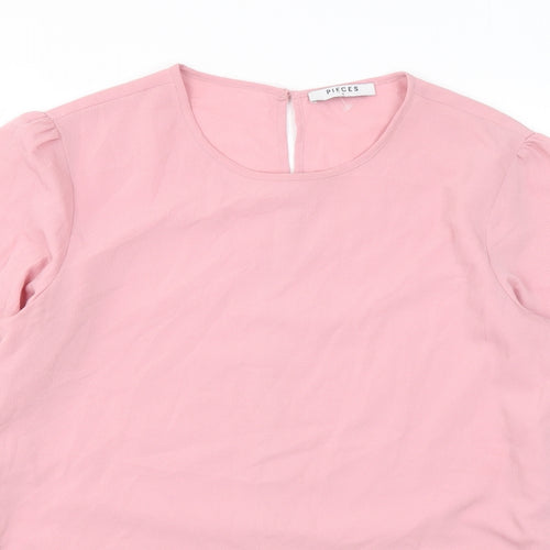 Pieces Womens Pink Polyester Basic Blouse Size S Round Neck - Lace
