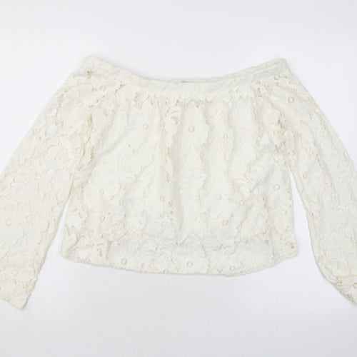 River Island Womens Ivory Floral Nylon Basic Blouse Size 8 Off the Shoulder - Lace