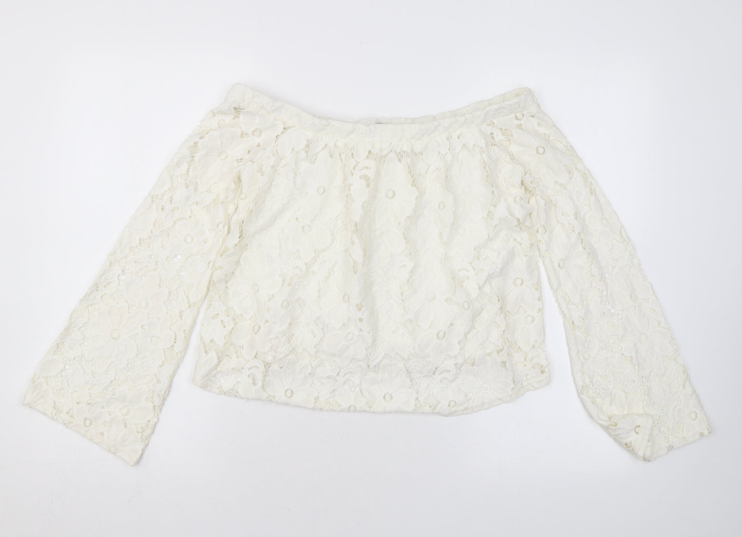 River Island Womens Ivory Floral Nylon Basic Blouse Size 8 Off the Shoulder - Lace