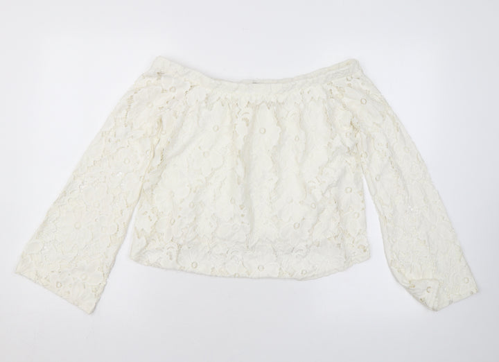 River Island Womens Ivory Floral Nylon Basic Blouse Size 8 Off the Shoulder - Lace
