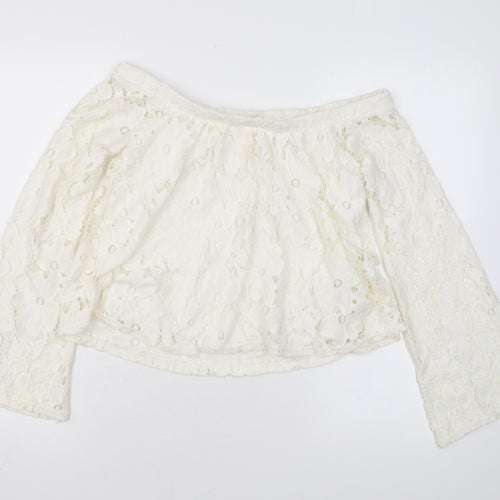 River Island Womens Ivory Floral Nylon Basic Blouse Size 8 Off the Shoulder - Lace