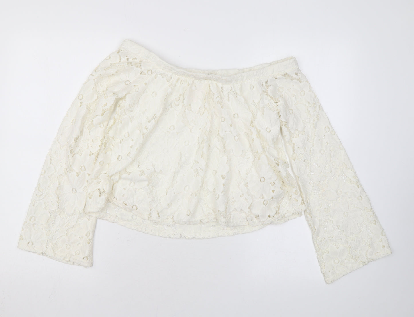River Island Womens Ivory Floral Nylon Basic Blouse Size 8 Off the Shoulder - Lace