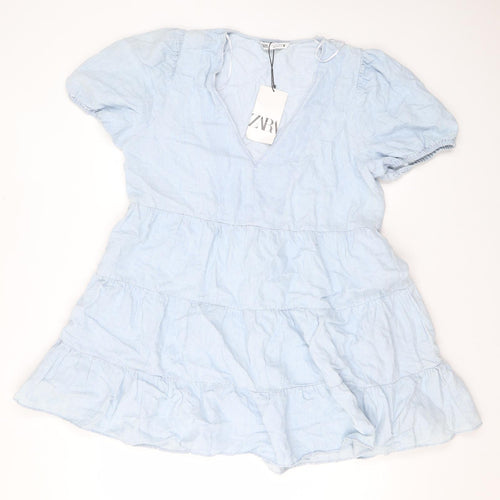 Zara Womens Blue Cotton A-Line Size L V-Neck Pullover