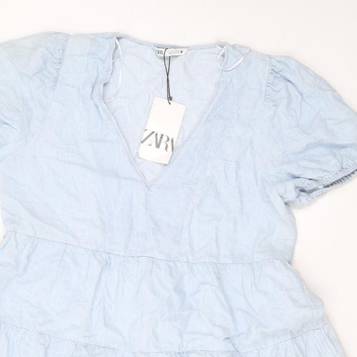 Zara Womens Blue Cotton A-Line Size L V-Neck Pullover