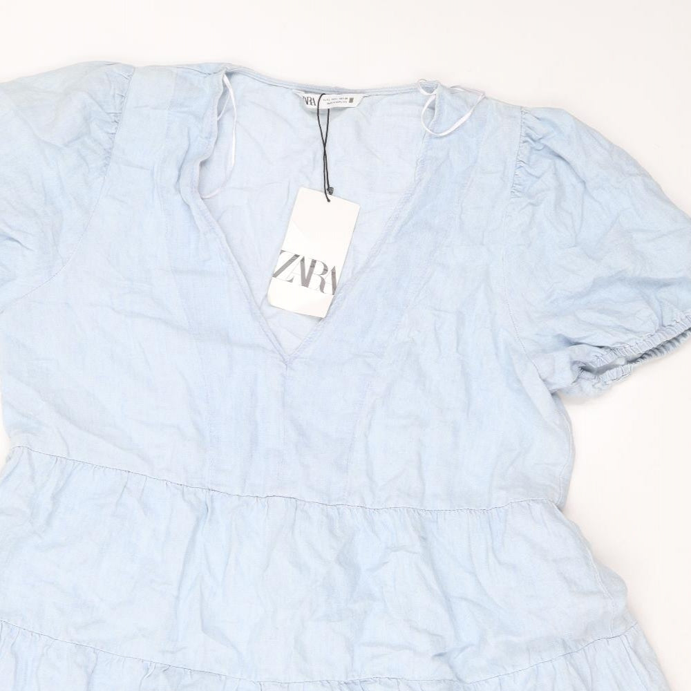 Zara Womens Blue Cotton A-Line Size L V-Neck Pullover