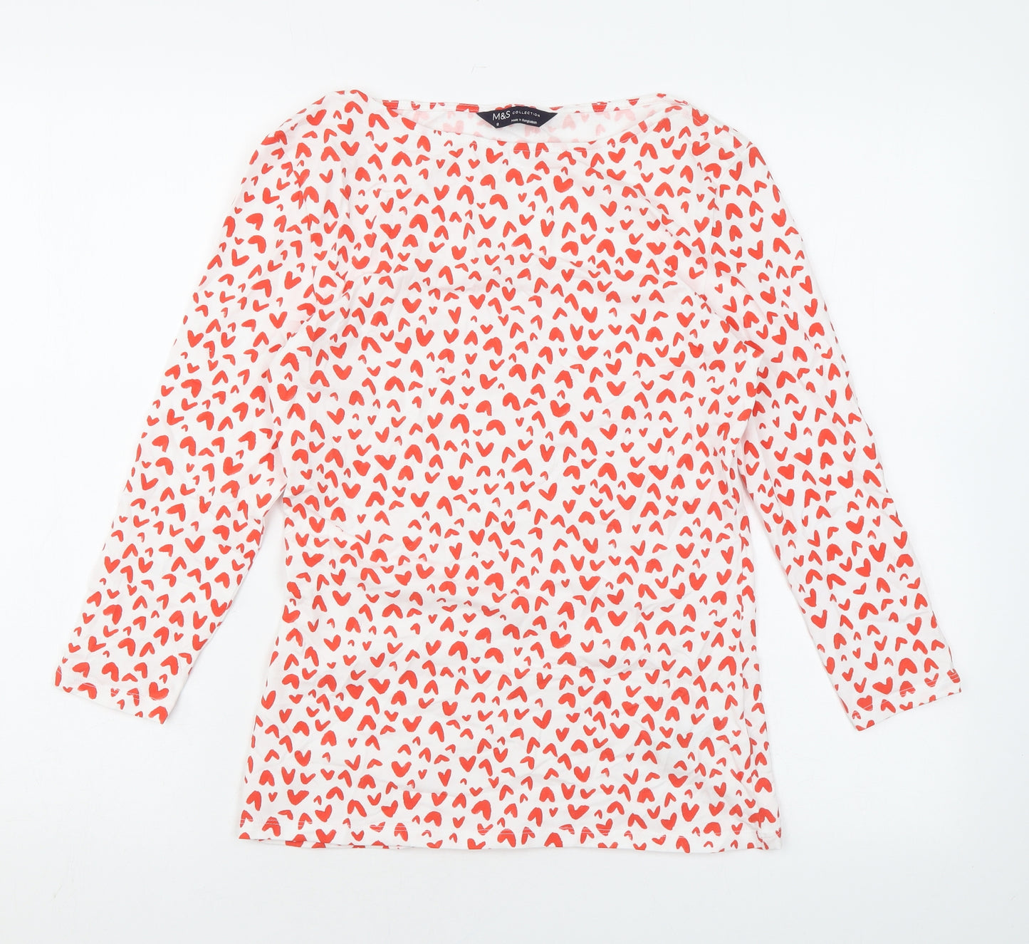 Marks and Spencer Womens White Geometric Cotton Basic Blouse Size 8 Boat Neck - Heart print