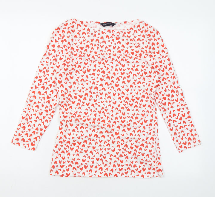 Marks and Spencer Womens White Geometric Cotton Basic Blouse Size 8 Boat Neck - Heart print