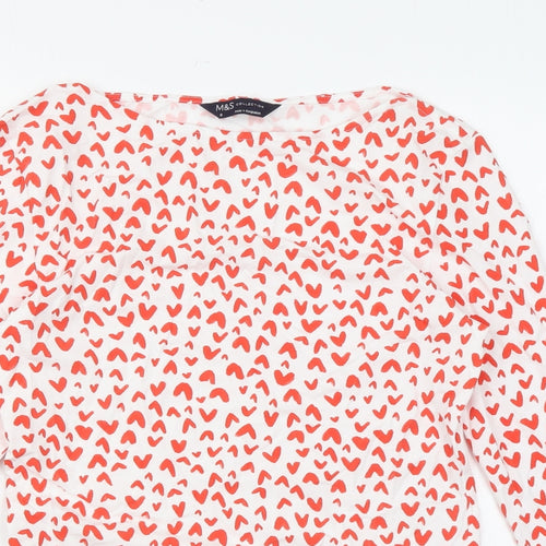 Marks and Spencer Womens White Geometric Cotton Basic Blouse Size 8 Boat Neck - Heart print