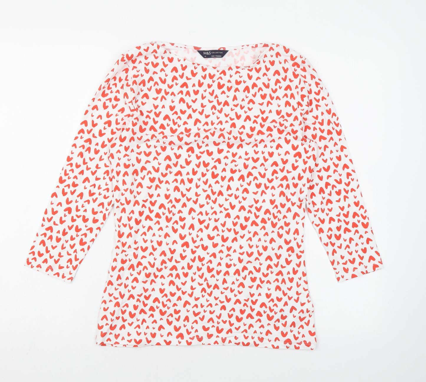 Marks and Spencer Womens White Geometric Cotton Basic Blouse Size 10 Boat Neck - Heart print