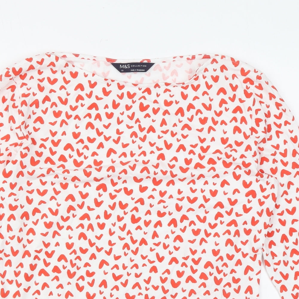 Marks and Spencer Womens White Geometric Cotton Basic Blouse Size 10 Boat Neck - Heart print