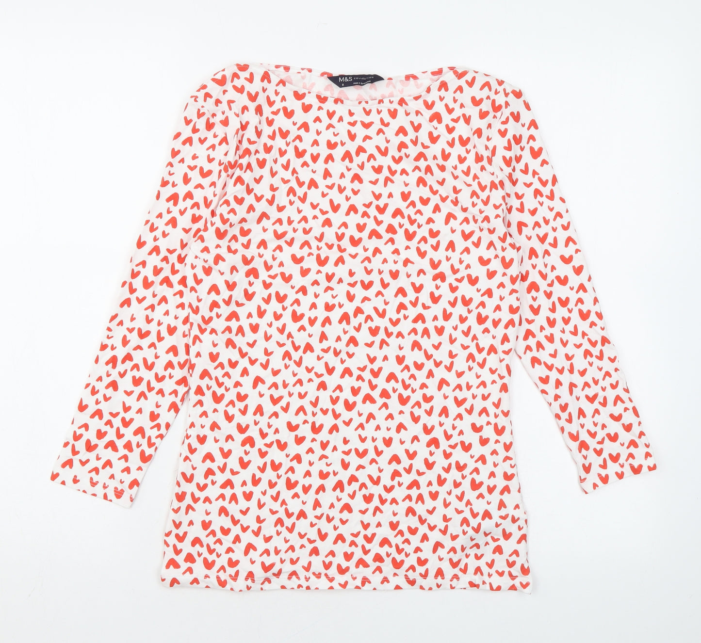 Marks and Spencer Womens White Geometric Cotton Basic Blouse Size 8 Boat Neck - Heart print