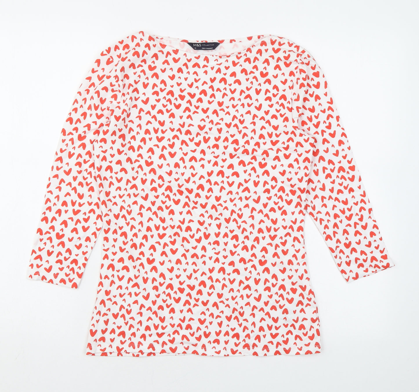 Marks and Spencer Womens White Geometric Cotton Basic Blouse Size 10 Boat Neck - Heart print