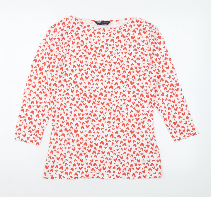 Marks and Spencer Womens White Geometric Cotton Basic Blouse Size 10 Boat Neck - Heart print