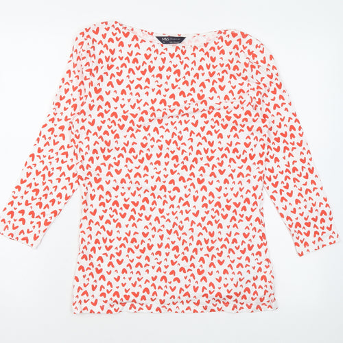 Marks and Spencer Womens White Geometric Cotton Basic Blouse Size 10 Boat Neck - Heart print