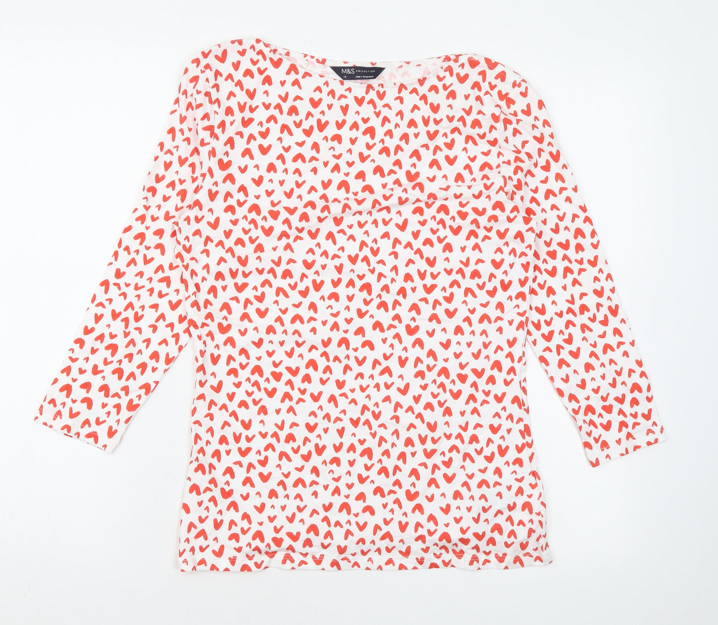 Marks and Spencer Womens White Geometric Cotton Basic Blouse Size 10 Boat Neck - Heart print