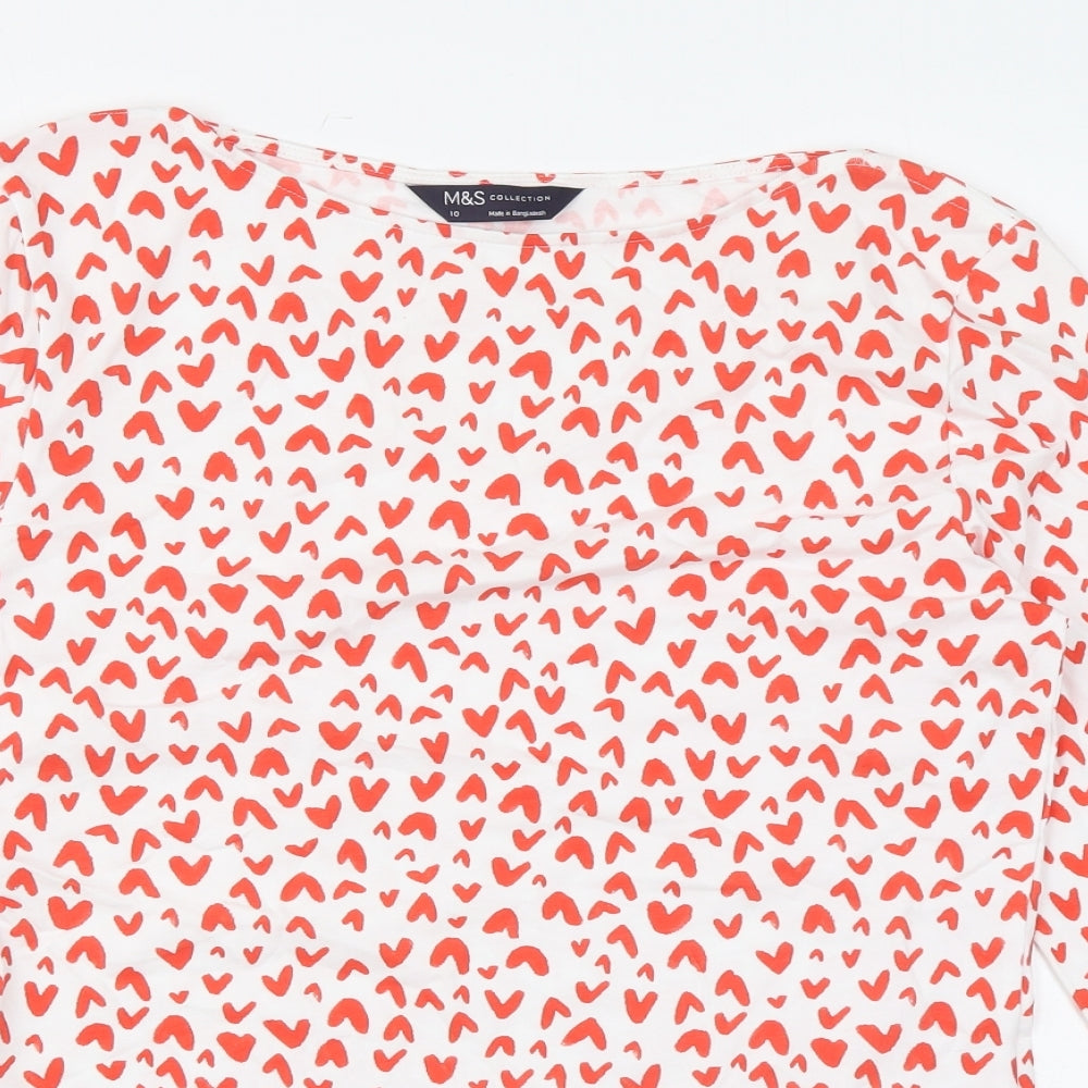Marks and Spencer Womens White Geometric Cotton Basic Blouse Size 10 Boat Neck - Heart print