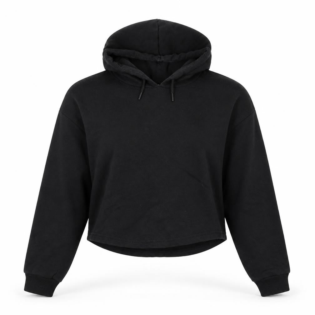 Front view of Myprotein women’s black polyester pullover hoodie, size M, pullover - logo