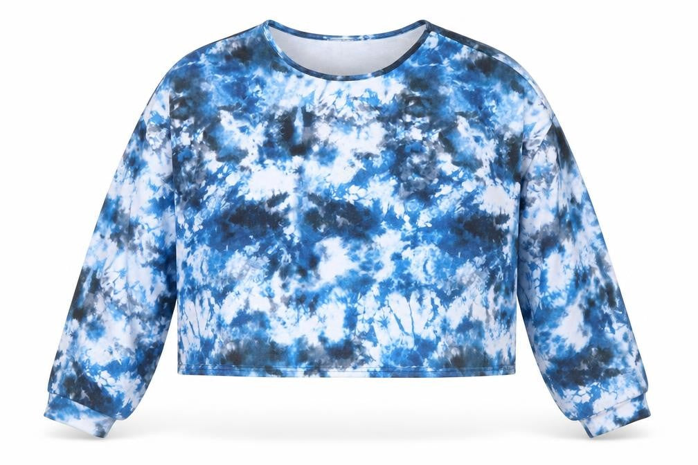 Front view of Simply Be women’s blue geometric polyester pullover sweatshirt, size UK 18, pullover - tie dye