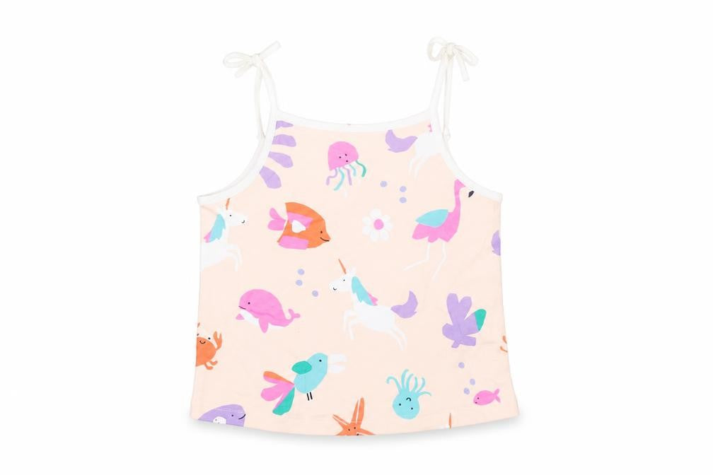 Front view of Marks & Spencer girls’ multicoloured geometric cotton basic tank, size 2-3, years square neck pullover